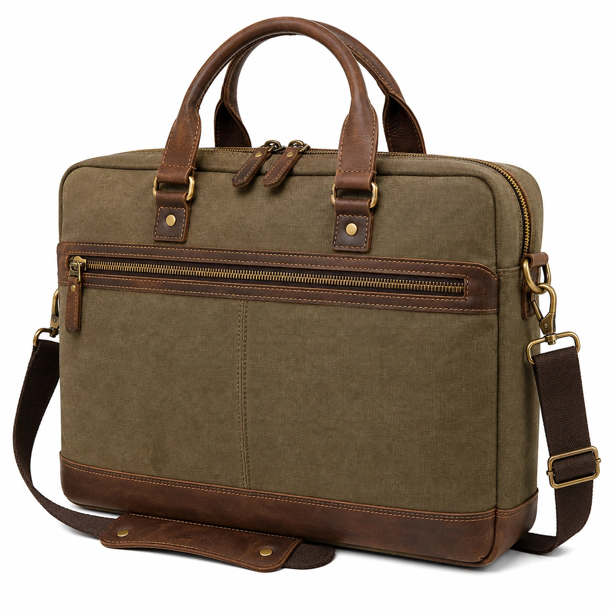 Laptoptasche 40 cm aus Textilgewebe olivgrün braun mit Schultergurt im Vintage-Stil