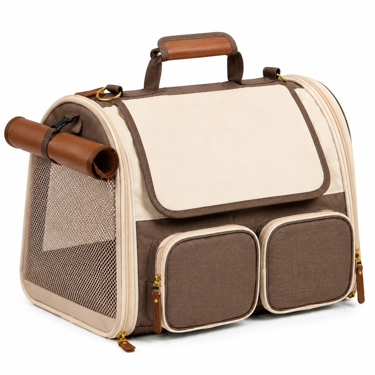 Haustier-Transporttasche 45 x 28 x 30 cm Textil Beige Braun mit Netzfenster und Reißverschluss