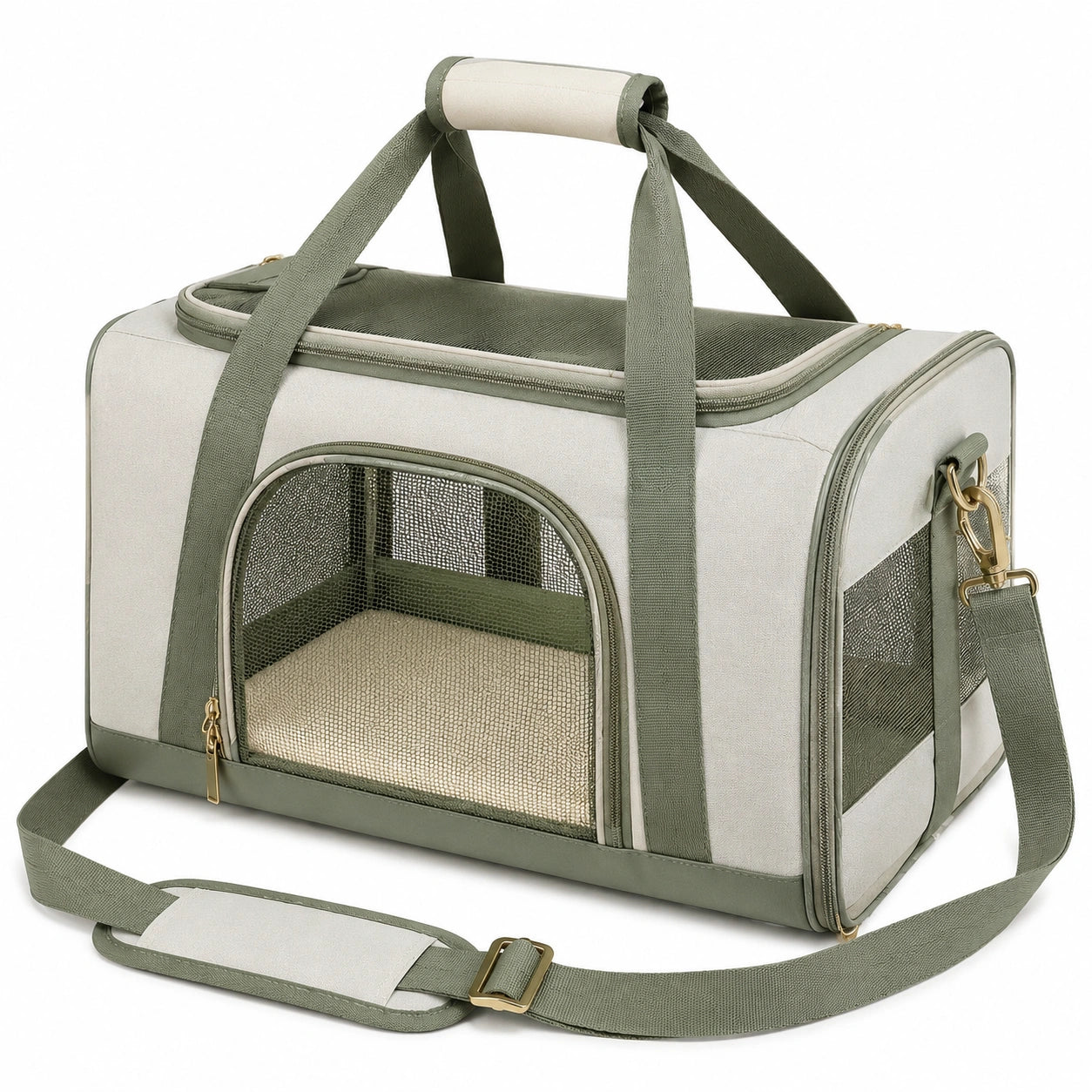 Transporttasche für Haustiere 45 x 28 x 30 cm aus Polyester in Beige Grün mit Netzfenstern