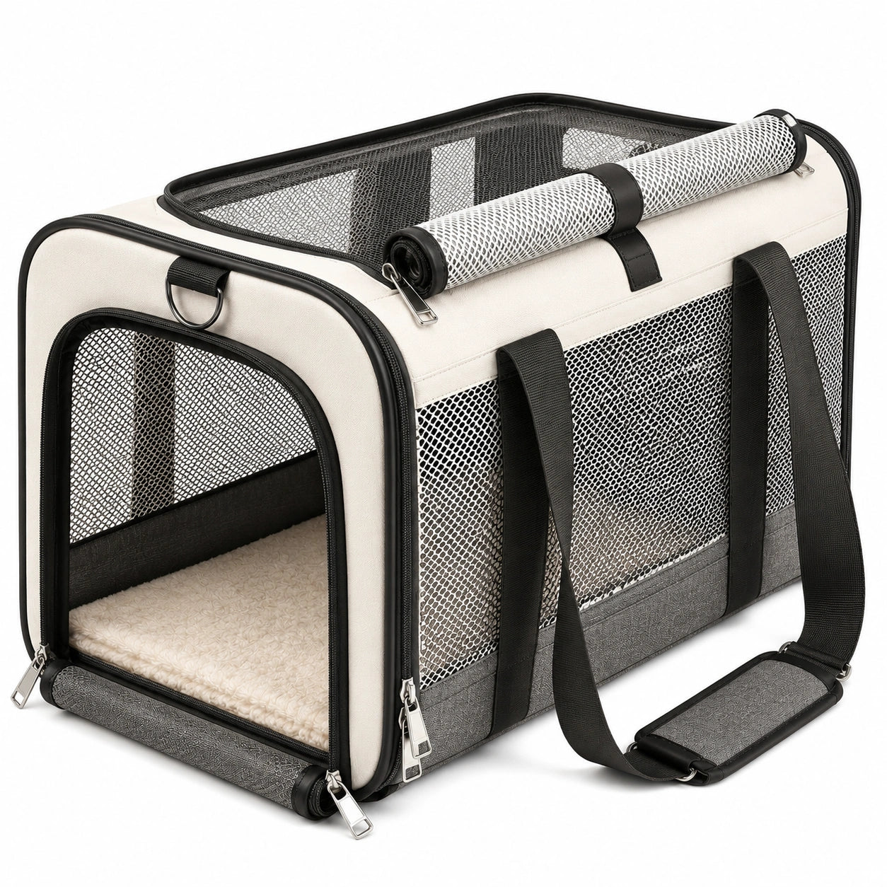 Haustier Transporttasche 45 x 28 x 28 cm Polyester Cremeweiß Schwarz mit Netzfenstern und Schultergurt