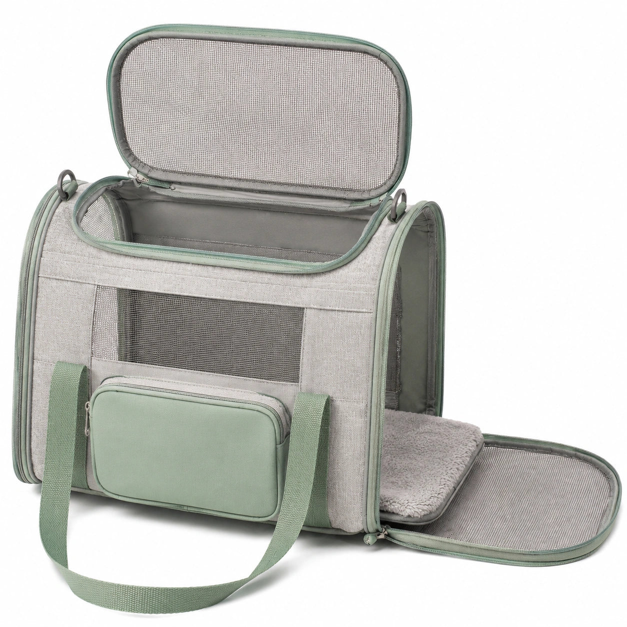 Haustiertransporttasche 42 x 28 x 30 cm Textil Grau Grün mit Netzfenstern und Schultergurt