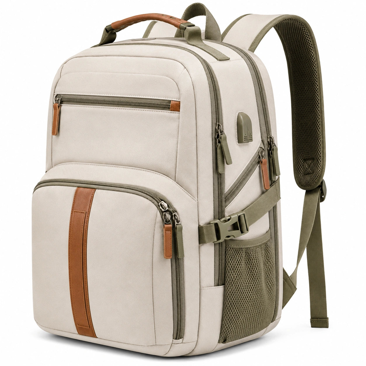 Laptoprucksack 45 cm aus Textilgewebe in Beige Grün für Reise und Alltag mit USB Anschluss