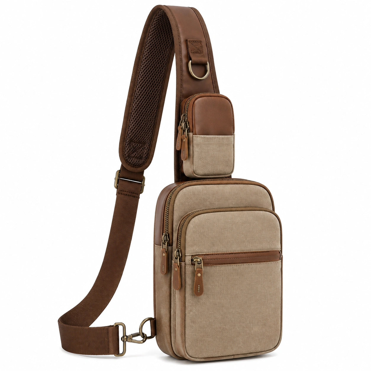 Umhängetasche 18 x 8 x 32 cm aus Canvas und Kunstleder Braun Beige mit gepolstertem Schultergurt