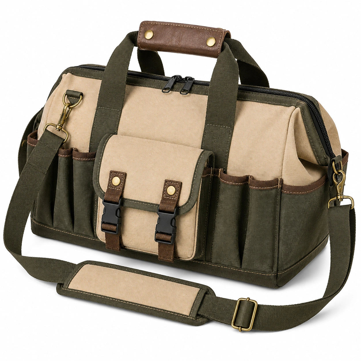 Reisetasche 45 cm Canvas Beige Olivgrün mit Schultergurt und Außentaschen