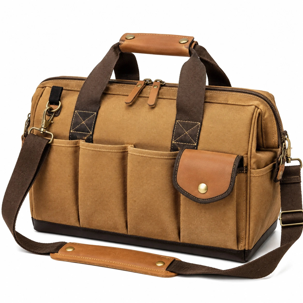 Reisetasche 40 cm Canvas Braun mit Kunstlederdetails und Schultergurt