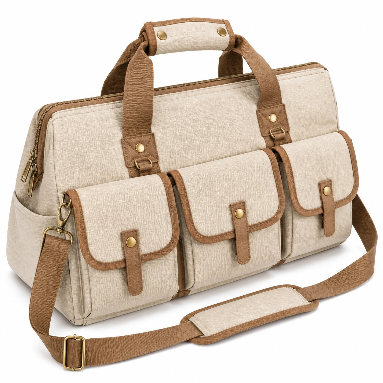 Reisetasche 45 x 22 x 28 cm aus Canvas Beige Braun mit Schultergurt und Fronttaschen
