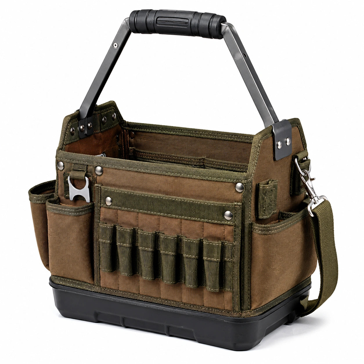 Werkzeugtasche 40 x 25 x 30 cm aus Textilgewebe Braun Grün mit Tragegriff und Schultergurt