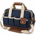 Reisetasche 40 x 18 x 28 cm aus Canvas Navyblau Braun mit Schultergurt und Außentaschen